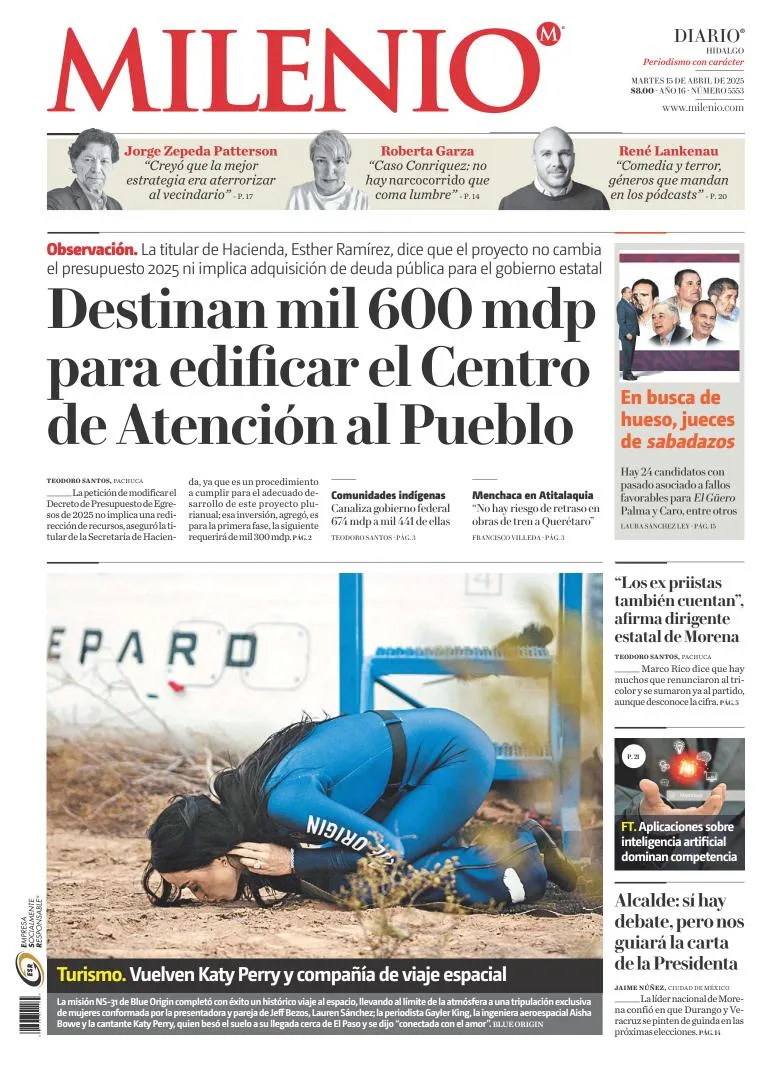 Portada de Milenio Hidalgo del martes, 15 de abril de 2025
