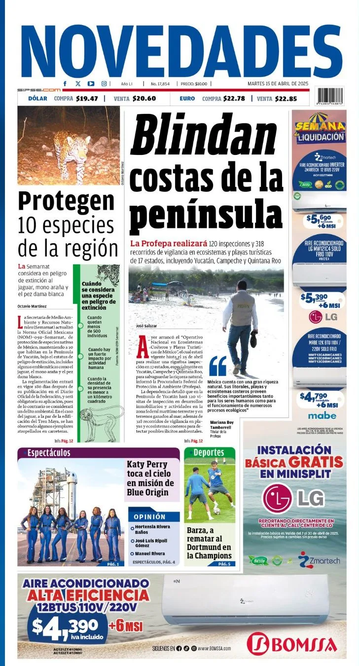 Portada de Novedades Quintana Roo del martes, 15 de abril de 2025