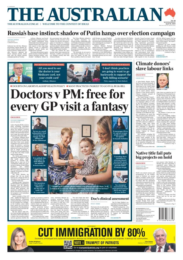 Portada de The Australian del miércoles, 16 de abril de 2025