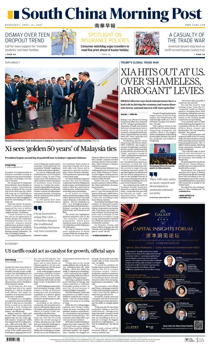 Portada de South China Morning Post del miércoles, 16 de abril de 2025