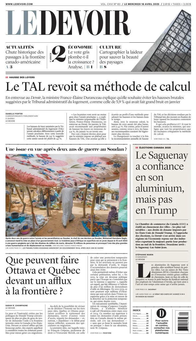 Portada de Le Devoir del miércoles, 16 de abril de 2025