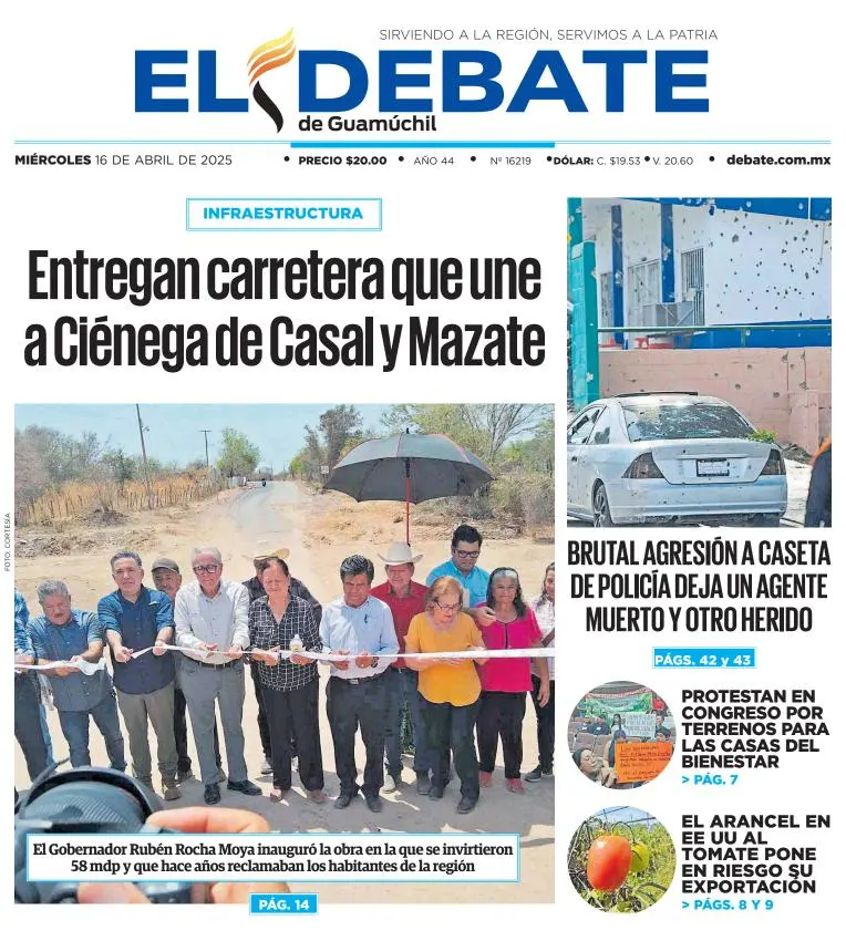 Portada de El Debate de Guamuchil del miércoles, 16 de abril de 2025