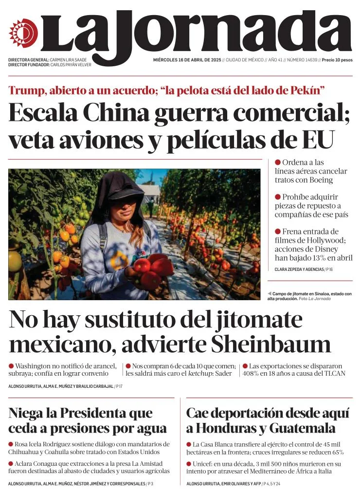 Portada de La Jornada del miércoles, 16 de abril de 2025