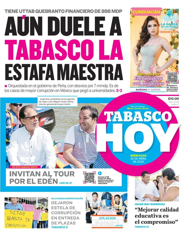 Portada de Tabasco Hoy del miércoles, 16 de abril de 2025