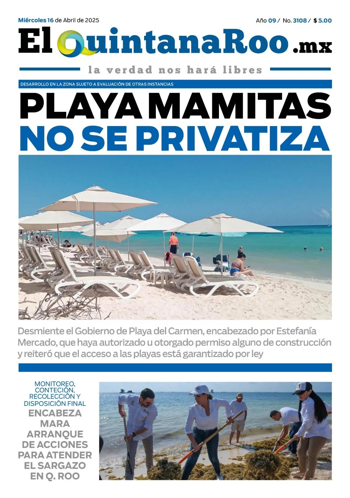 Portada de El Quintana Roo (portada) del miércoles, 16 de abril de 2025