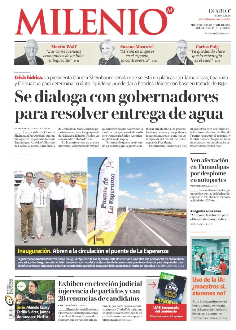 Portada de Milenio Tamaulipas del miércoles, 16 de abril de 2025