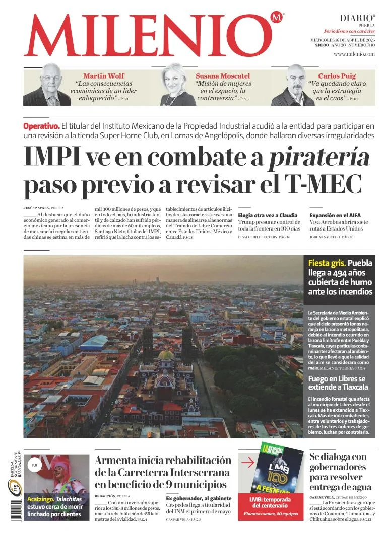 Portada de Milenio Puebla del miércoles, 16 de abril de 2025