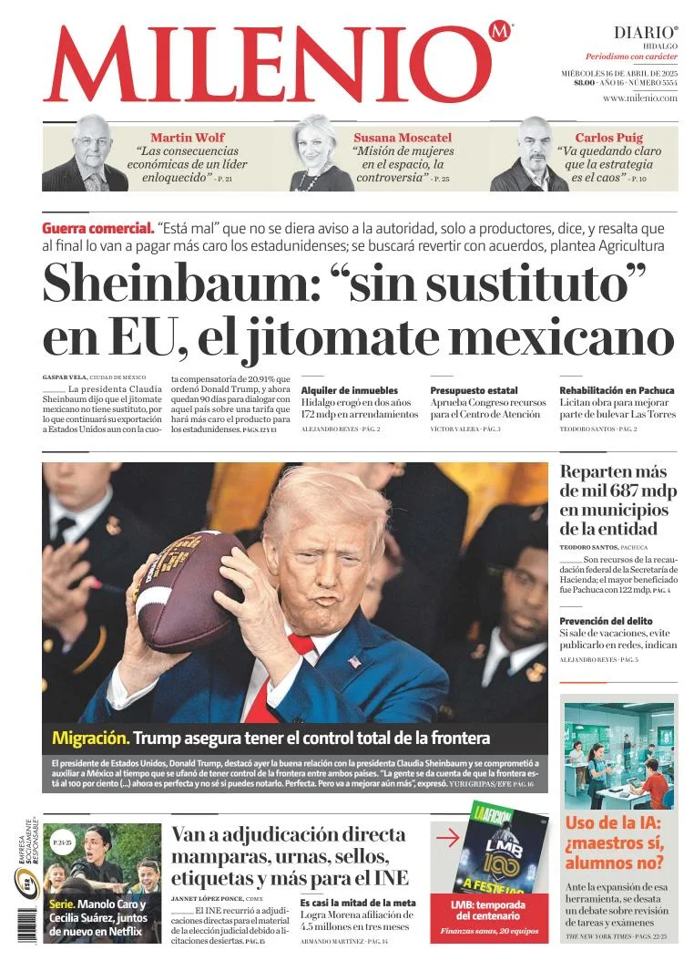 Portada de Milenio Hidalgo del miércoles, 16 de abril de 2025