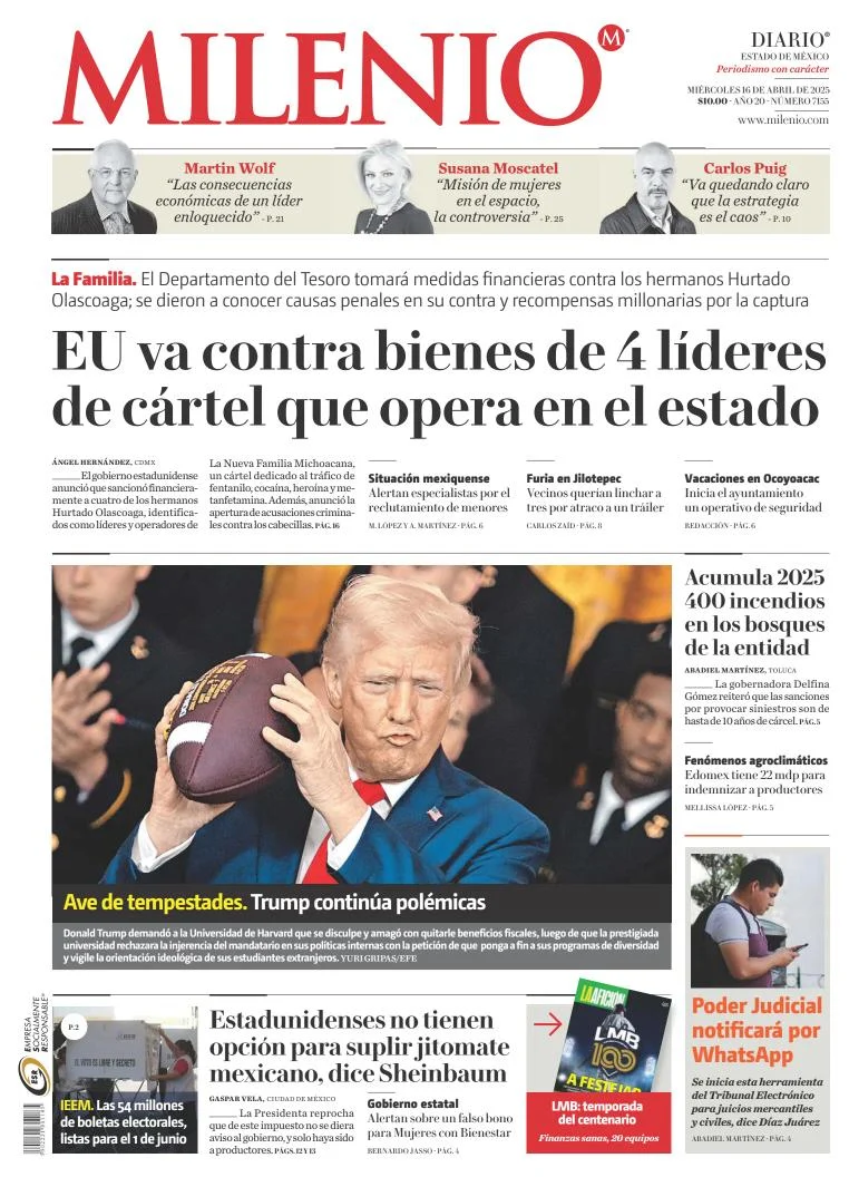 Portada de Milenio Edo de Mexico del miércoles, 16 de abril de 2025