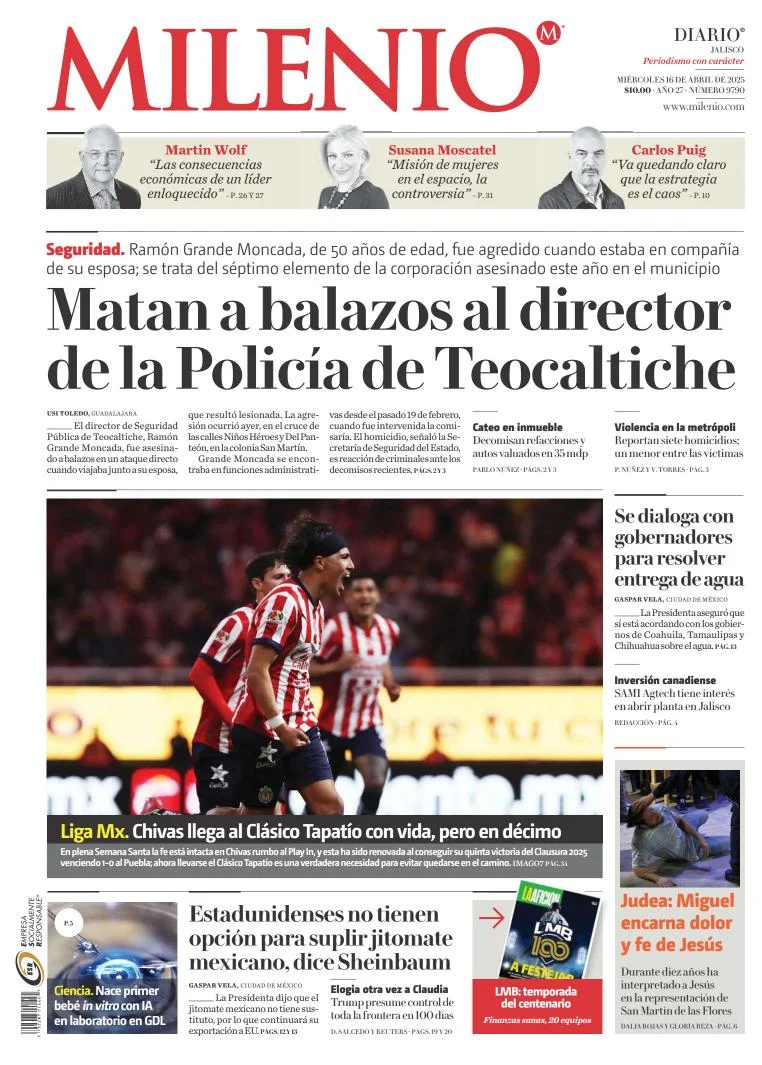 Portada de Milenio Jalisco del miércoles, 16 de abril de 2025