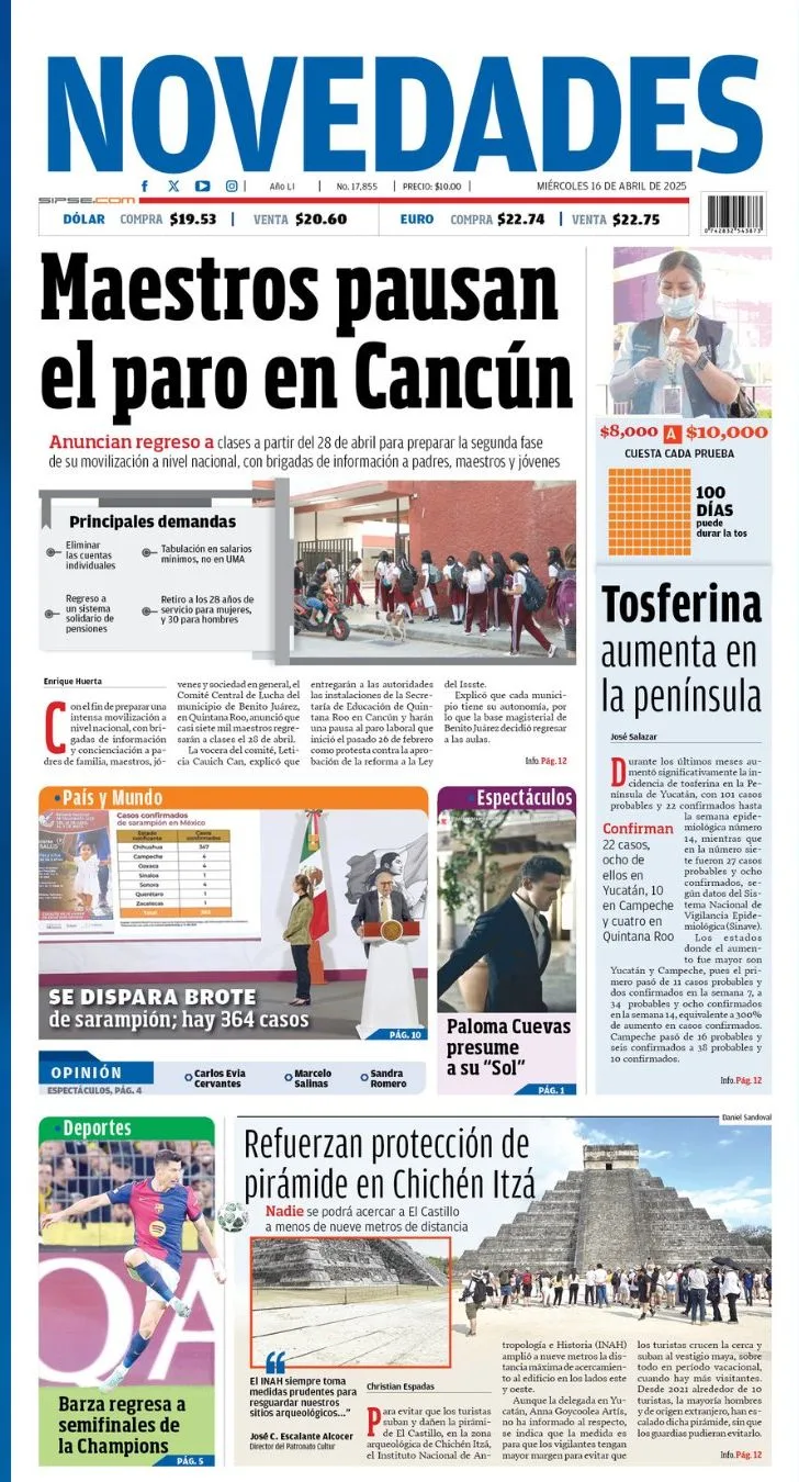Portada de Novedades Quintana Roo del miércoles, 16 de abril de 2025