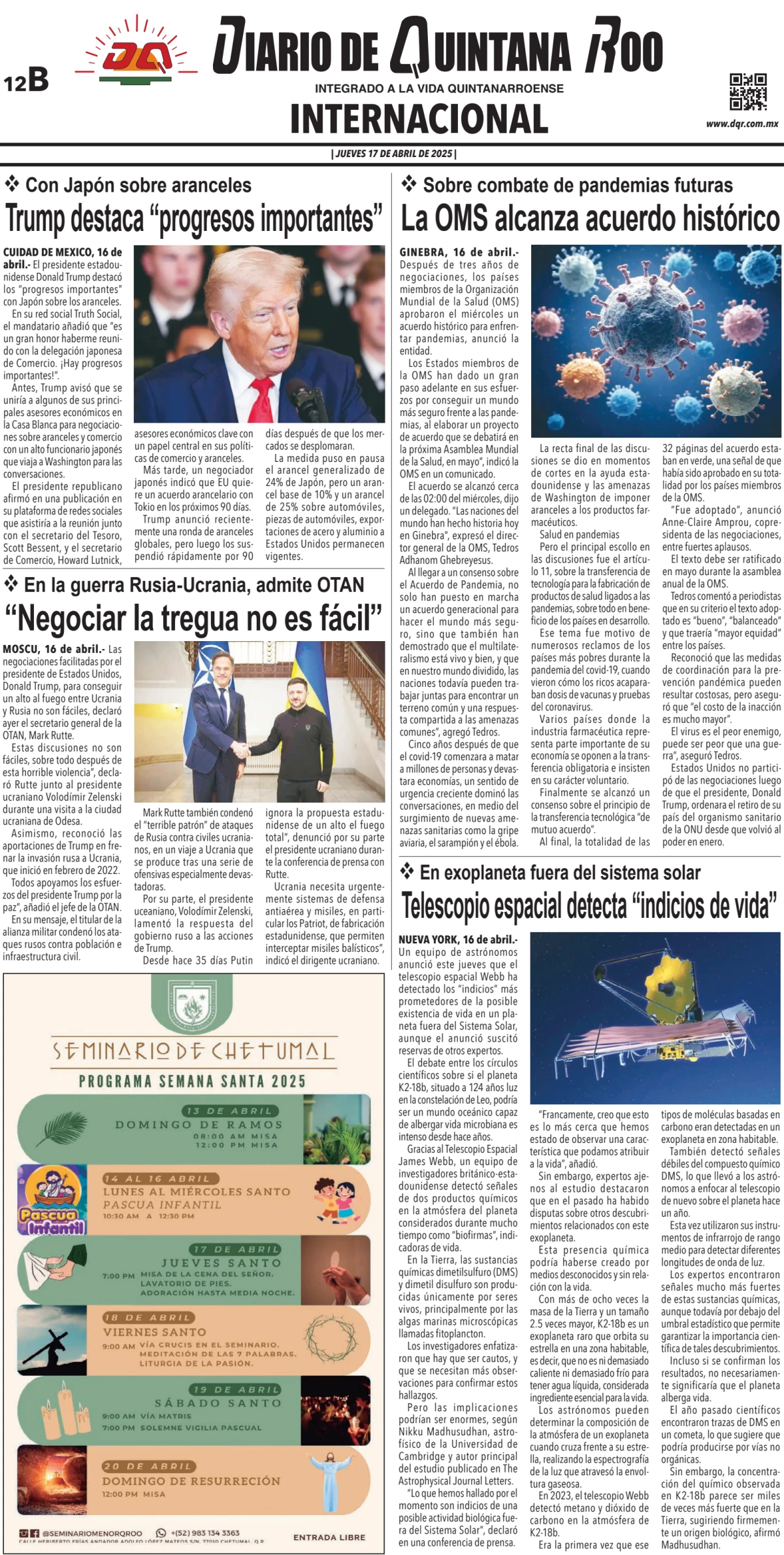 Portada de Diario de Quintana Roo (contra Portada)