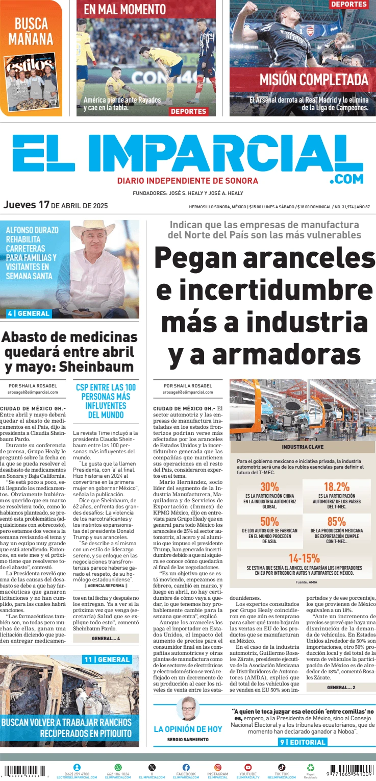 Portada de El Imparcial del jueves, 17 de abril de 2025
