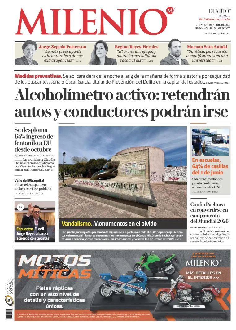 Portada de Milenio Hidalgo del jueves, 17 de abril de 2025