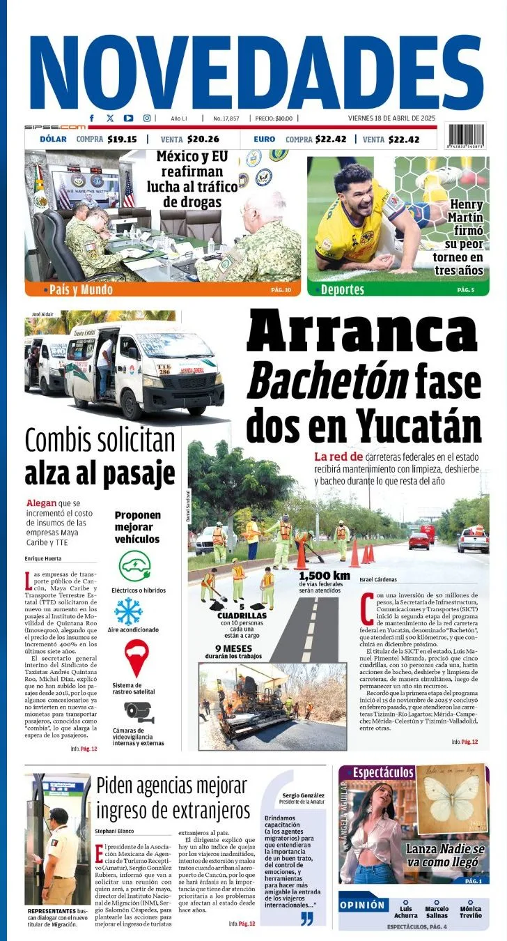 Portada de Novedades Quintana Roo del viernes, 18 de abril de 2025