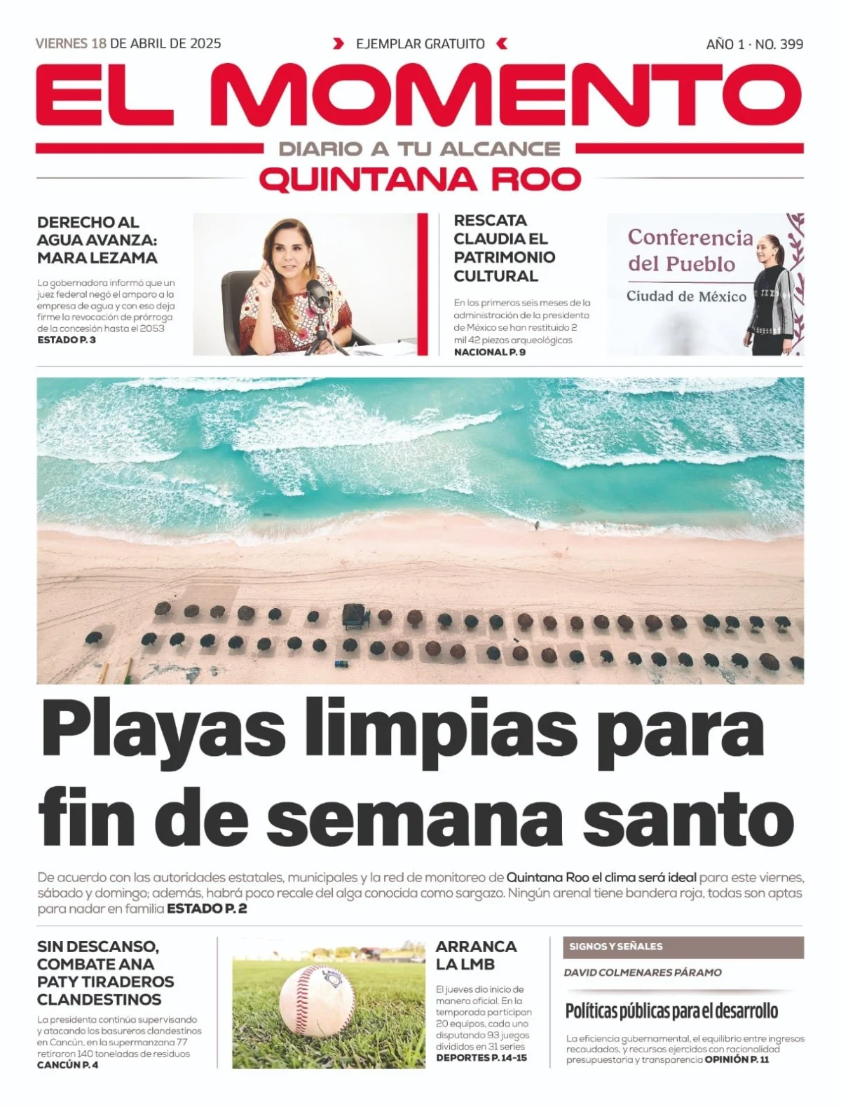 Portada de El Momento Quintana Roo del viernes, 18 de abril de 2025