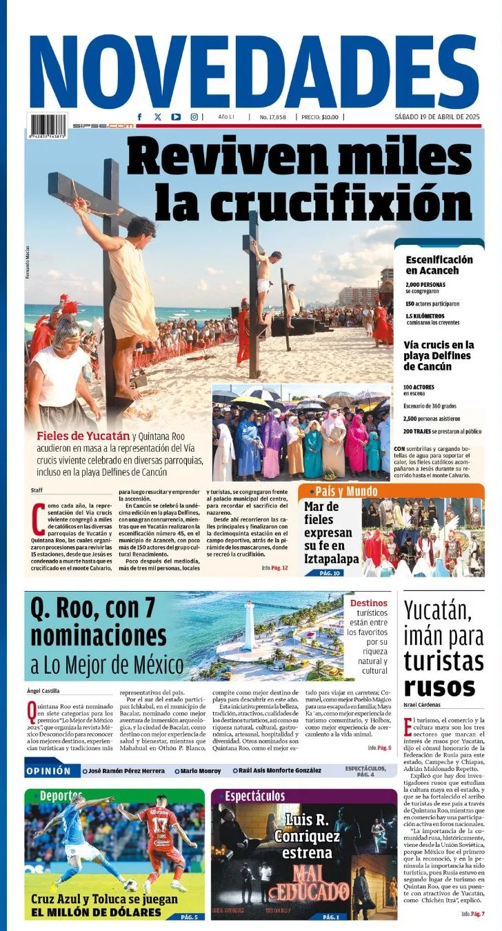 Portada de Novedades Quintana Roo del sábado, 19 de abril de 2025