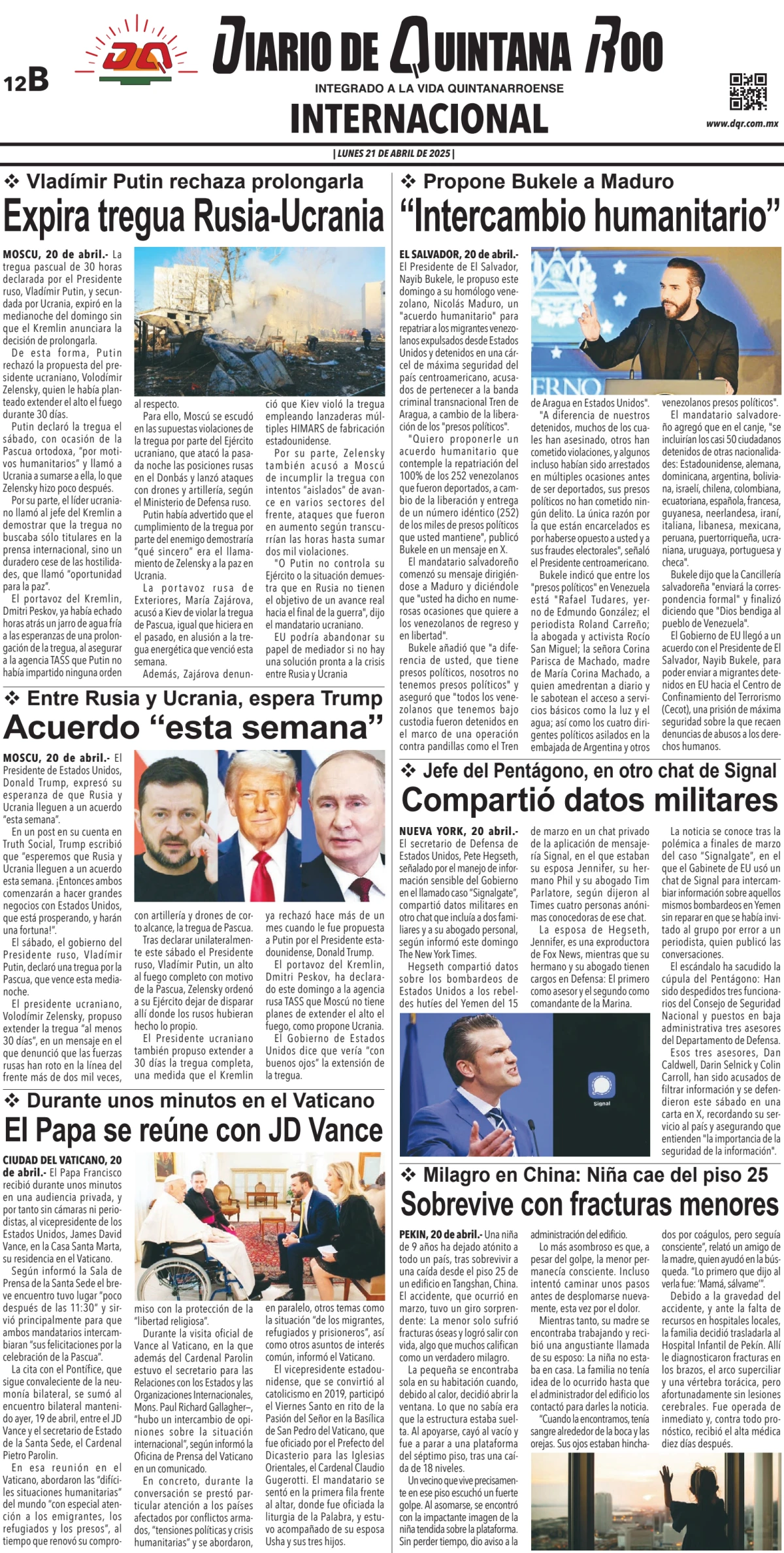 Portada de Diario de Quintana Roo (contra Portada)