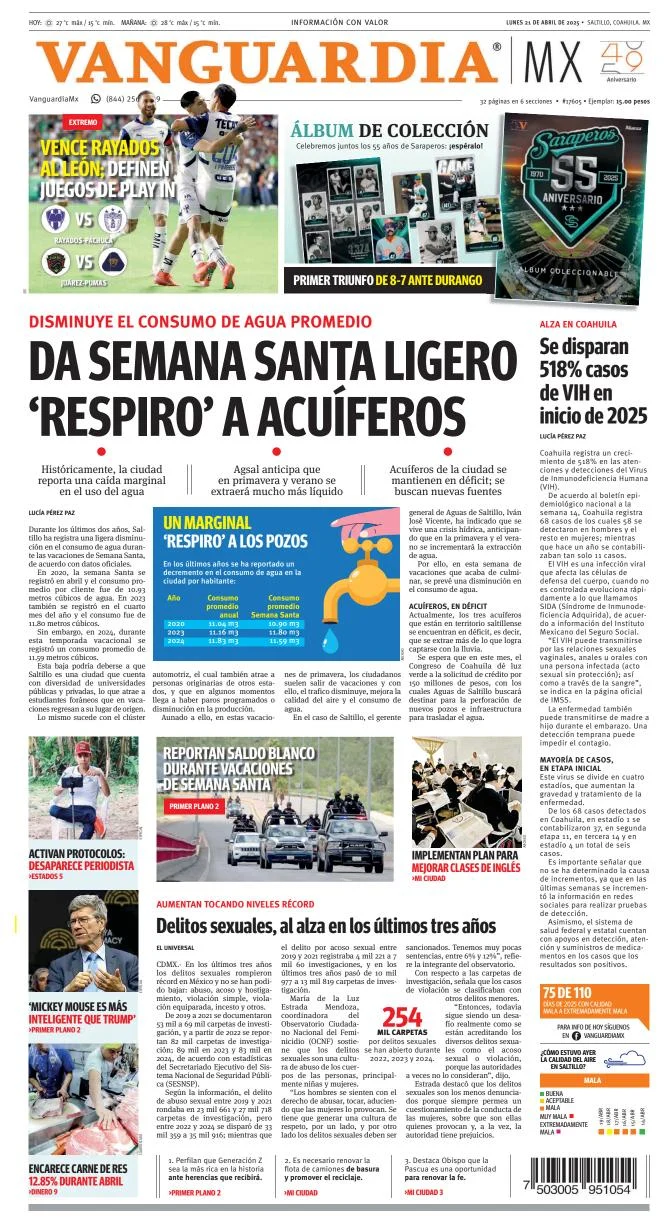 Portada de Vanguardia del lunes, 21 de abril de 2025