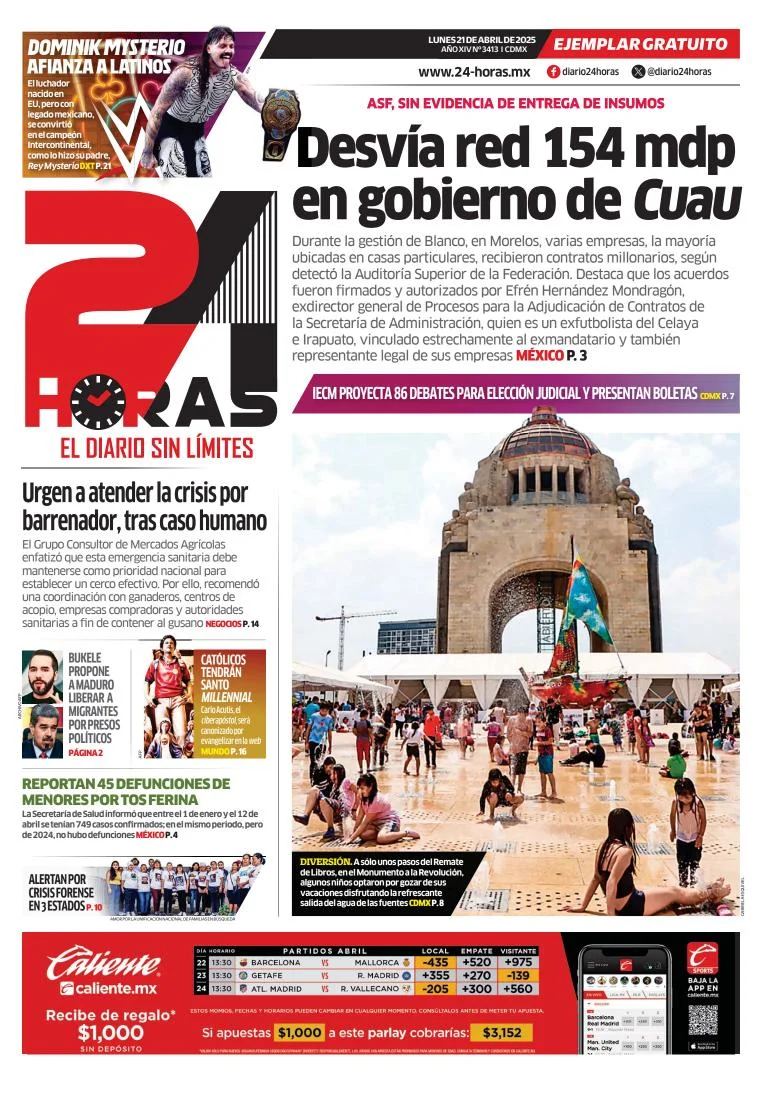 Portada de 24 Horas del lunes, 21 de abril de 2025