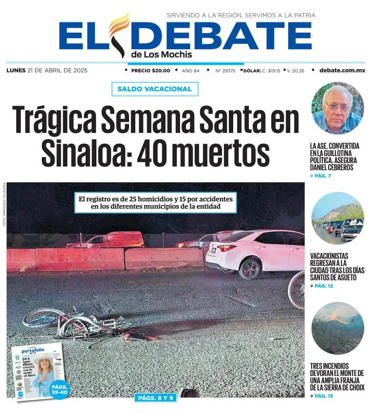 Portada de El Debate de los Mochis del lunes, 21 de abril de 2025