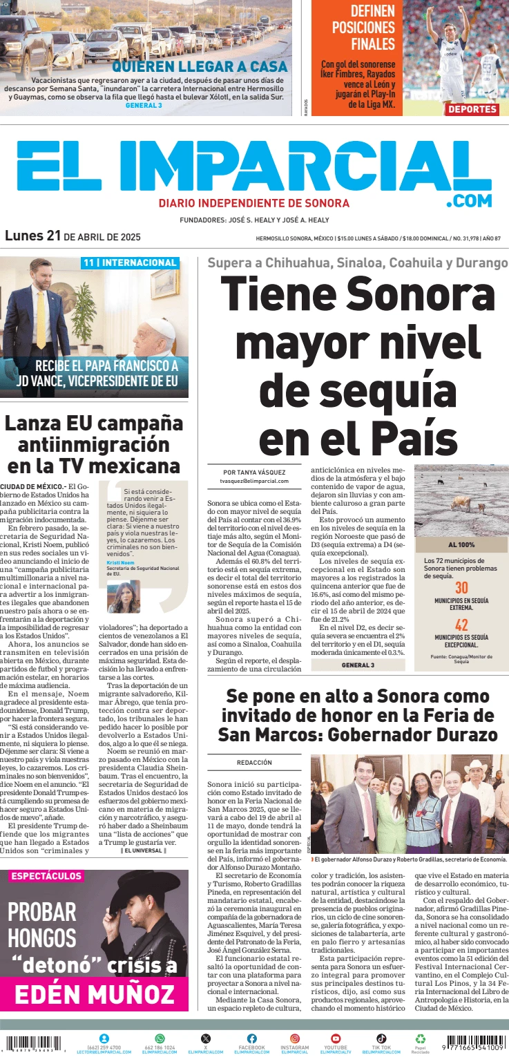 Portada de El Imparcial del lunes, 21 de abril de 2025