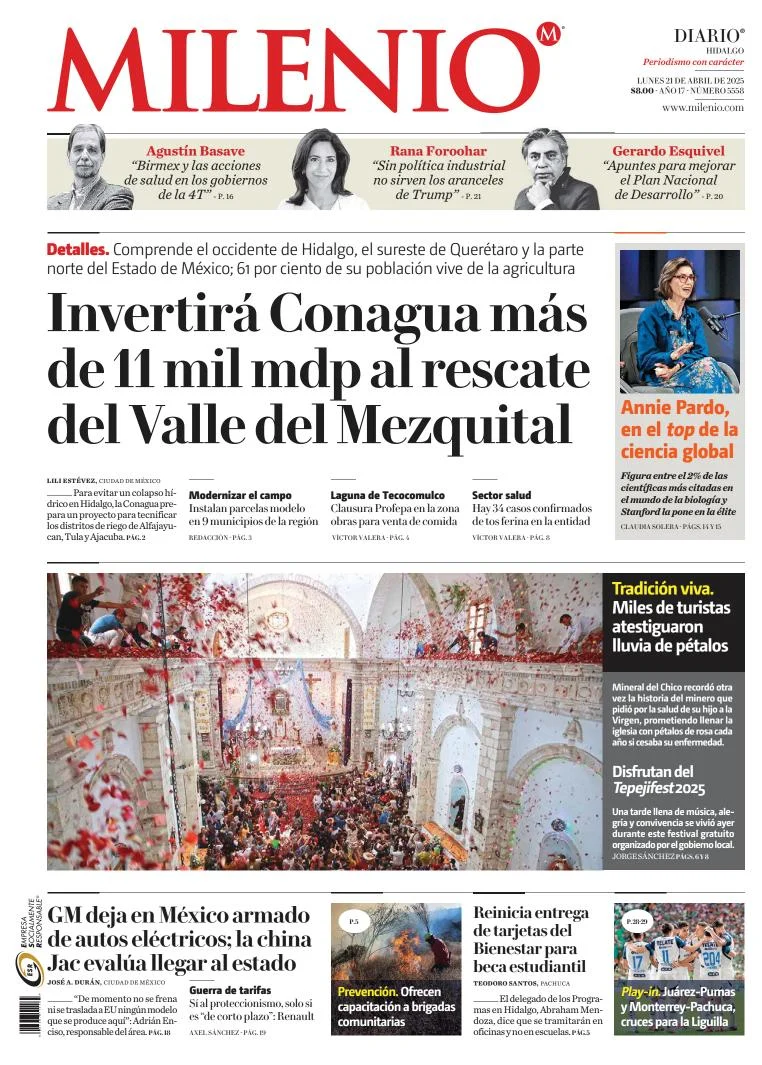 Portada de Milenio Hidalgo del lunes, 21 de abril de 2025