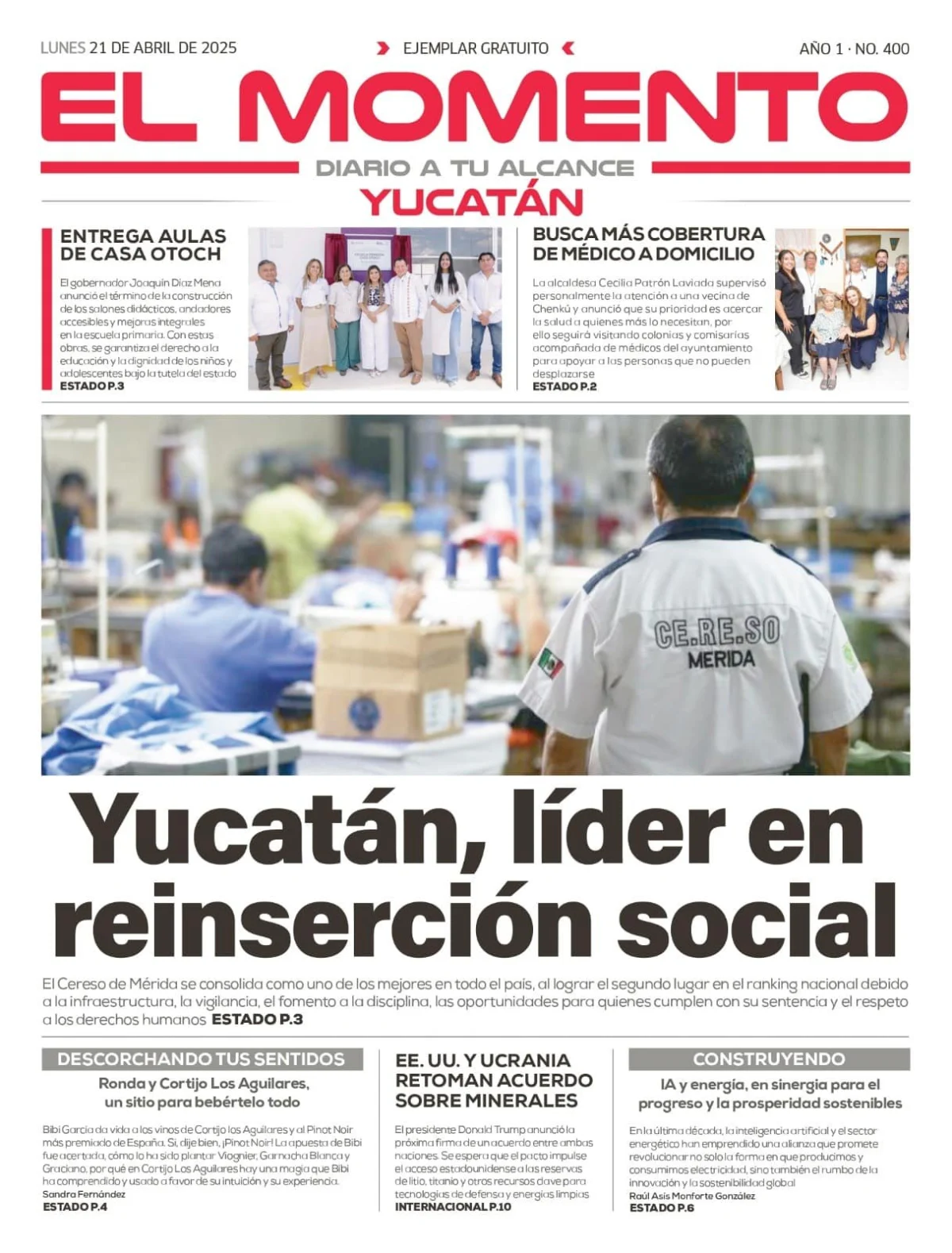 Portada de El Momento Yucatan del lunes, 21 de abril de 2025