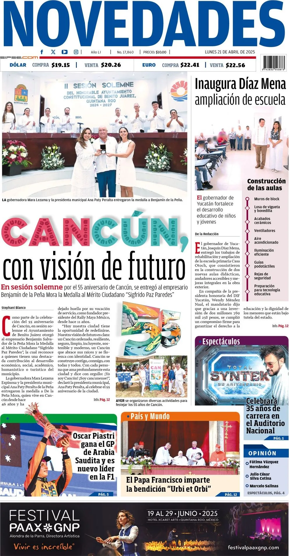 Portada de Novedades Quintana Roo del lunes, 21 de abril de 2025