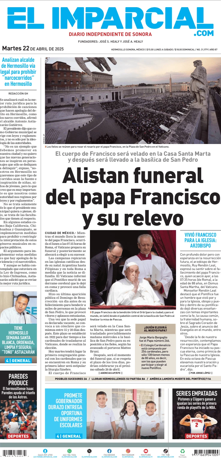 Portada de El Imparcial del martes, 22 de abril de 2025