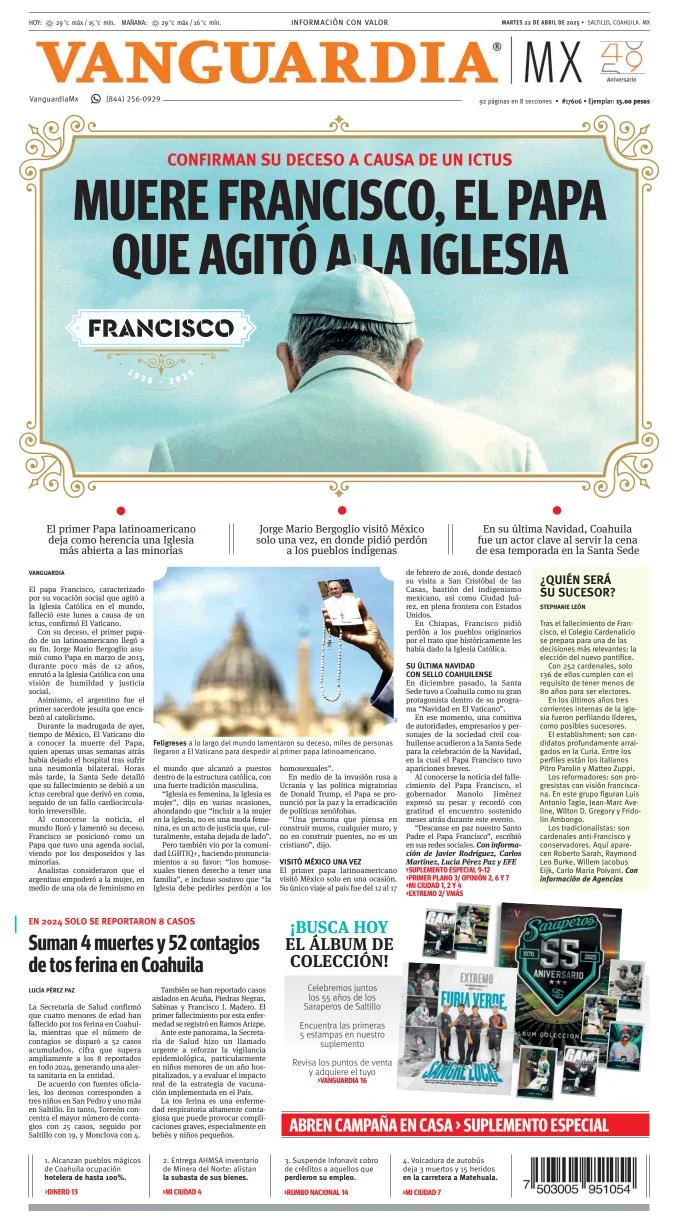 Portada de Vanguardia del martes, 22 de abril de 2025