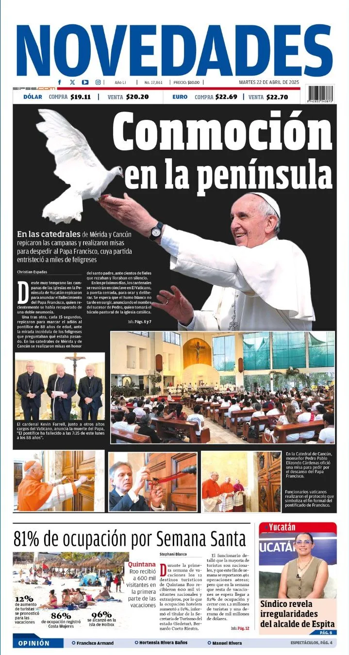 Portada de Novedades Quintana Roo del martes, 22 de abril de 2025