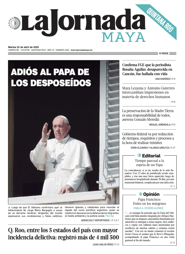 Portada de La Jornada Maya Quintana Roo del martes, 22 de abril de 2025
