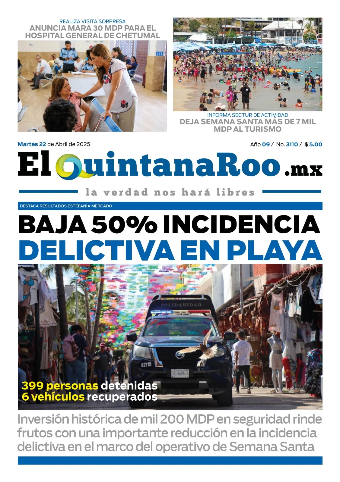 Portada de El Quintana Roo (portada) del martes, 22 de abril de 2025