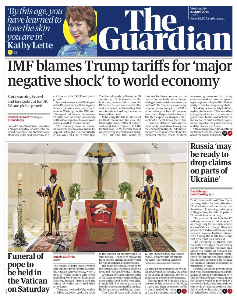 Portada de The Guardian (reino Unido) del miércoles, 23 de abril de 2025