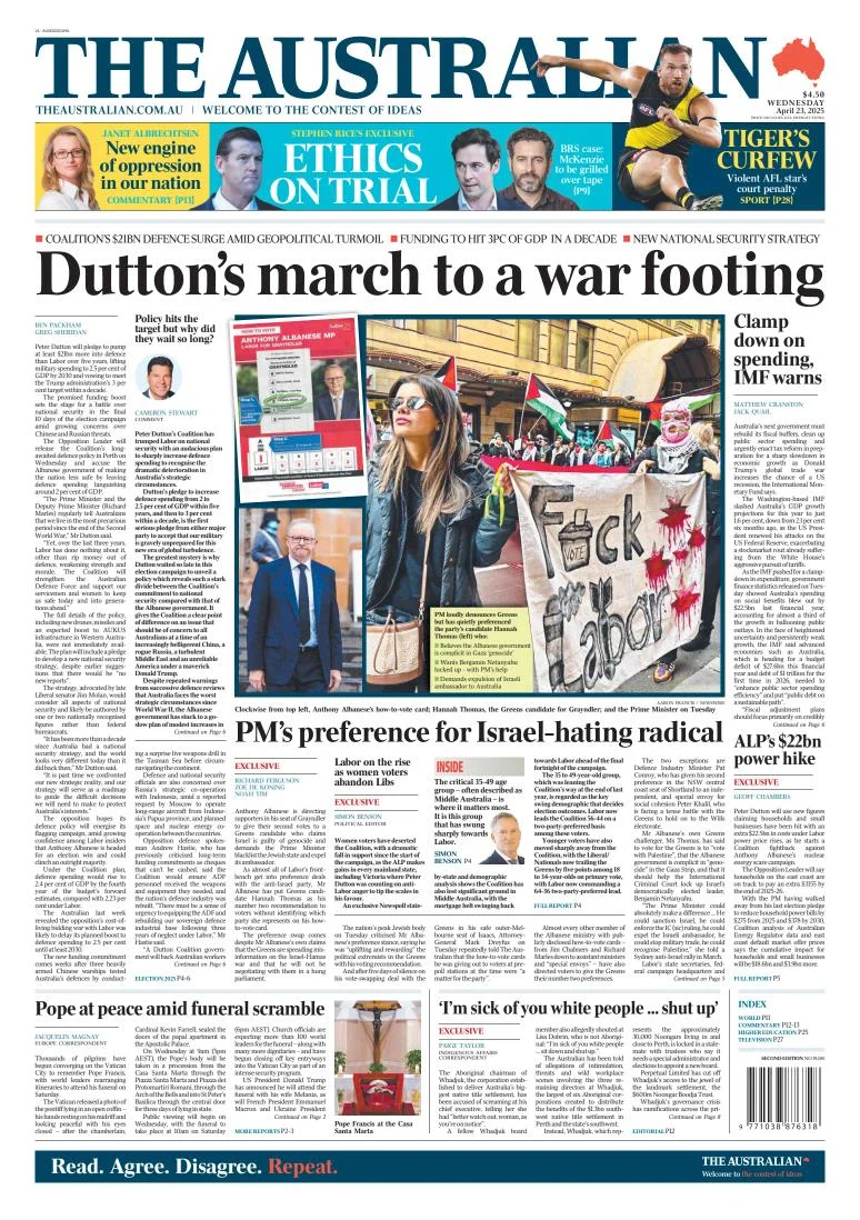 Portada de The Australian del miércoles, 23 de abril de 2025