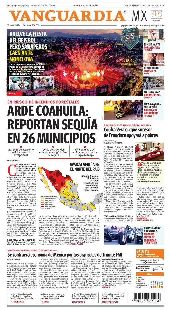 Portada de Vanguardia del miércoles, 23 de abril de 2025