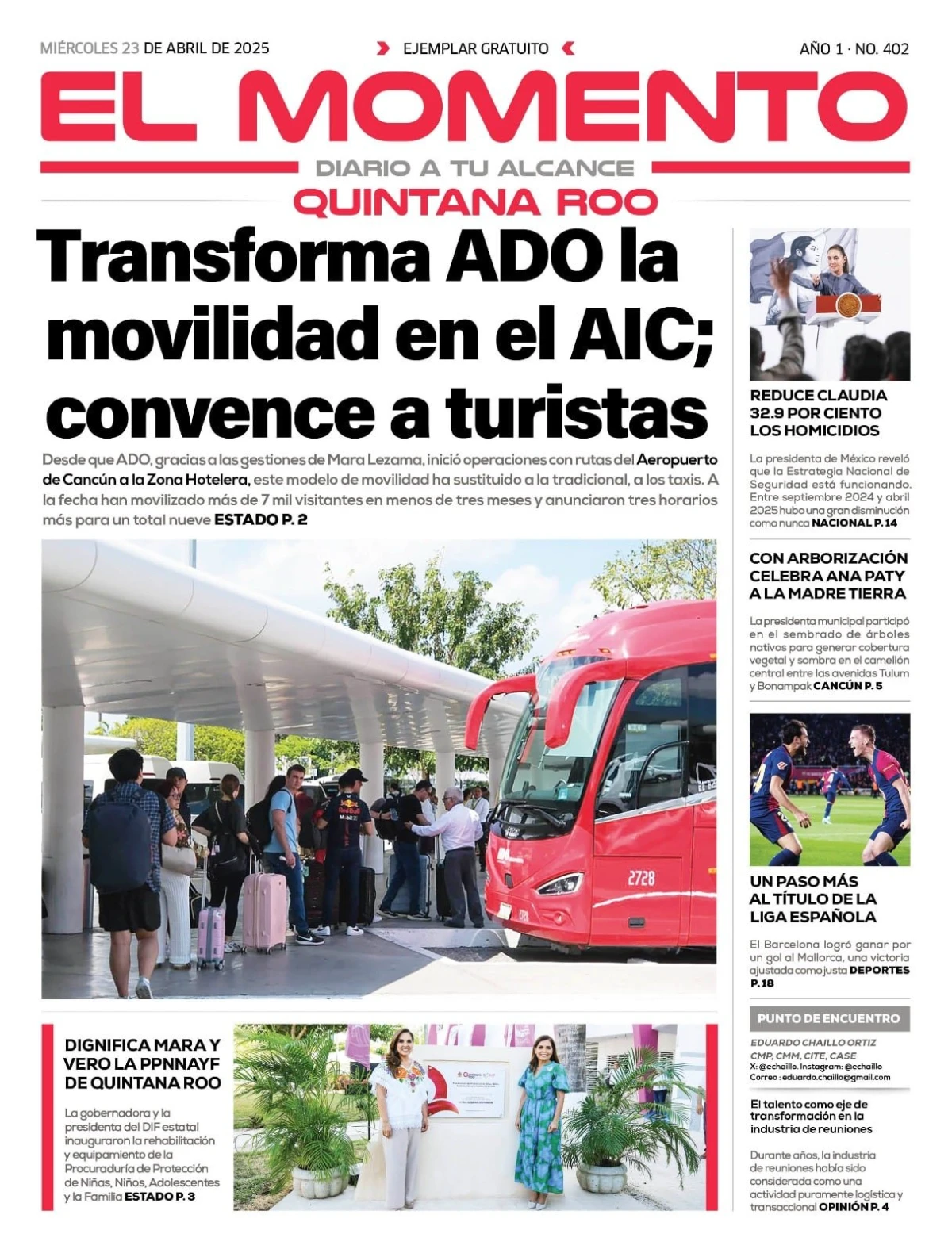 Portada de El Momento Quintana Roo del miércoles, 23 de abril de 2025