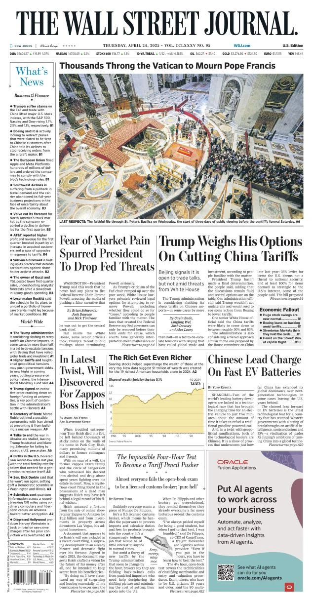 Portada de The Wall Street Journal del jueves, 24 de abril de 2025