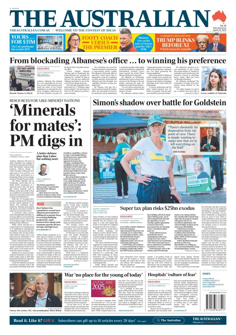 Portada de The Australian del jueves, 24 de abril de 2025
