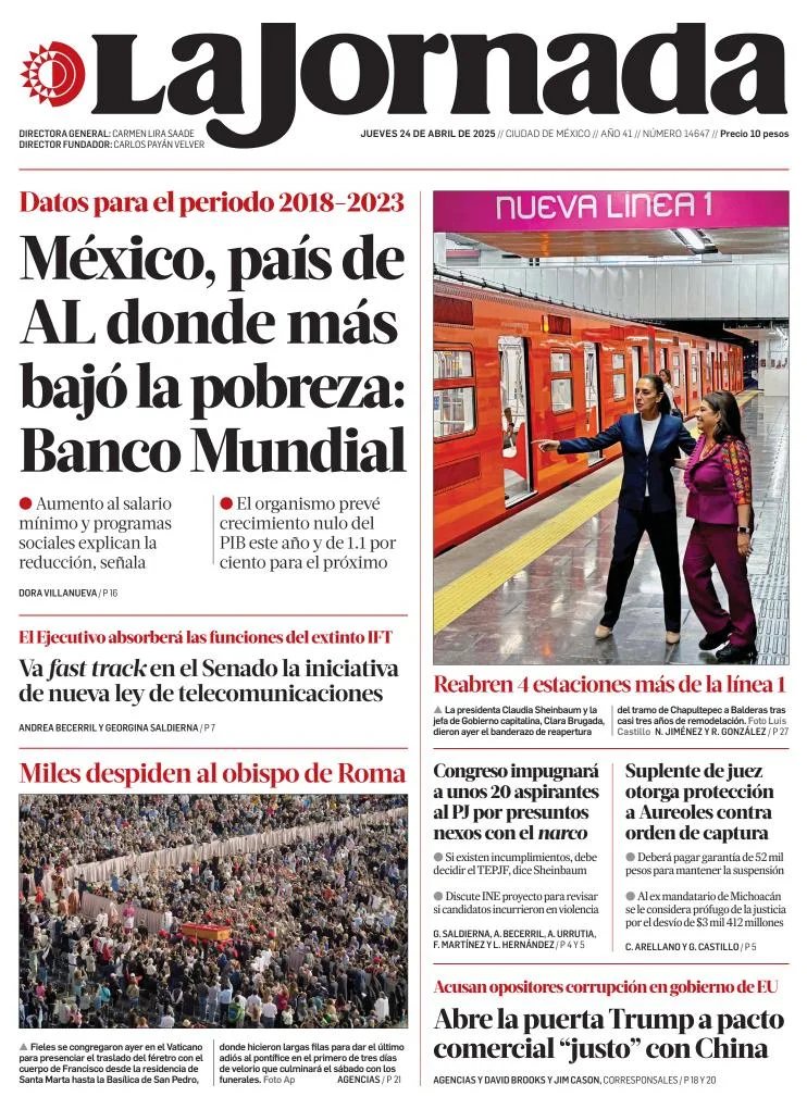 Portada de La Jornada del jueves, 24 de abril de 2025