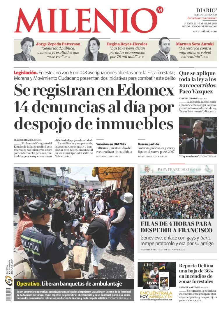 Portada de Milenio Edo de Mexico del jueves, 24 de abril de 2025