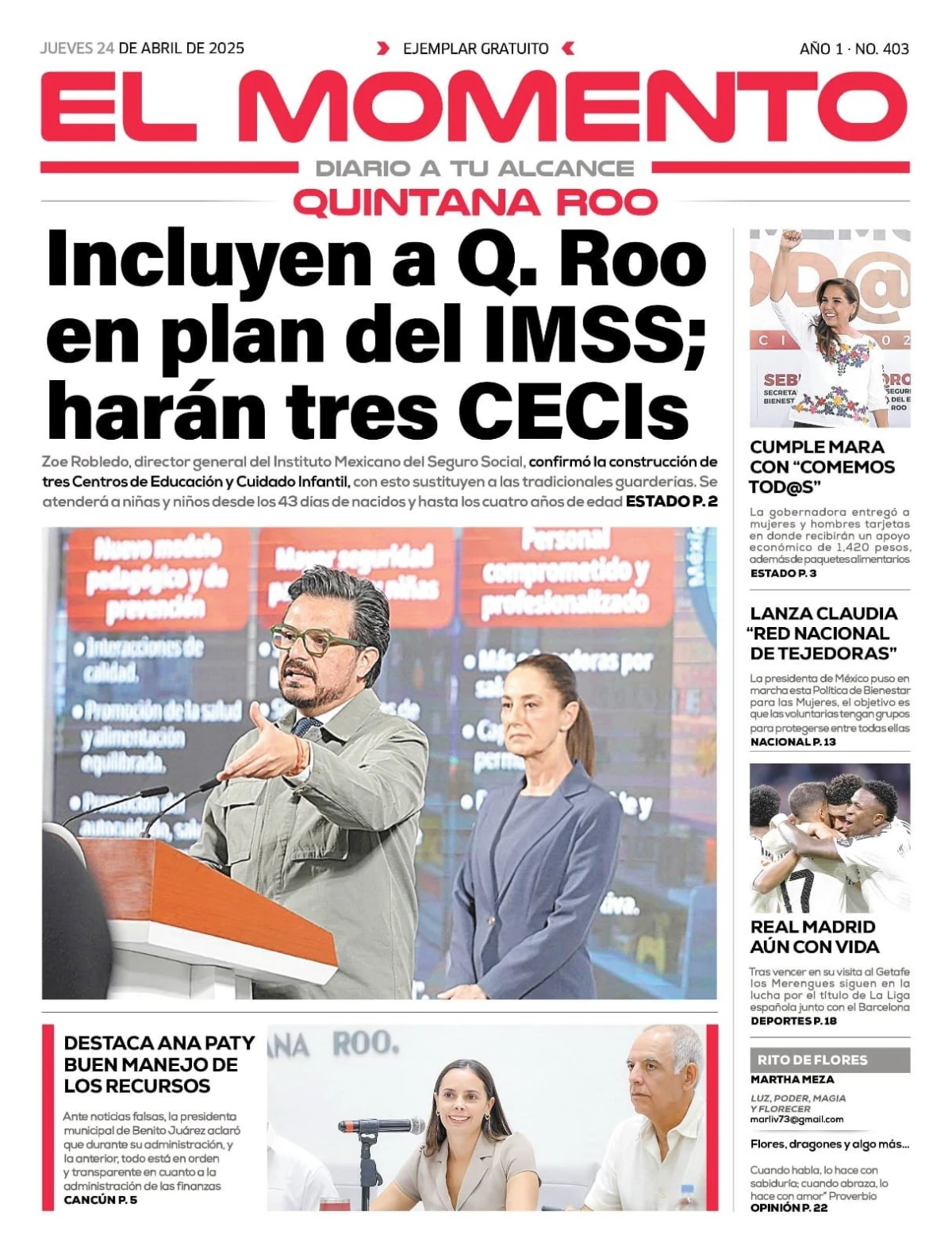 Portada de El Momento Quintana Roo del jueves, 24 de abril de 2025
