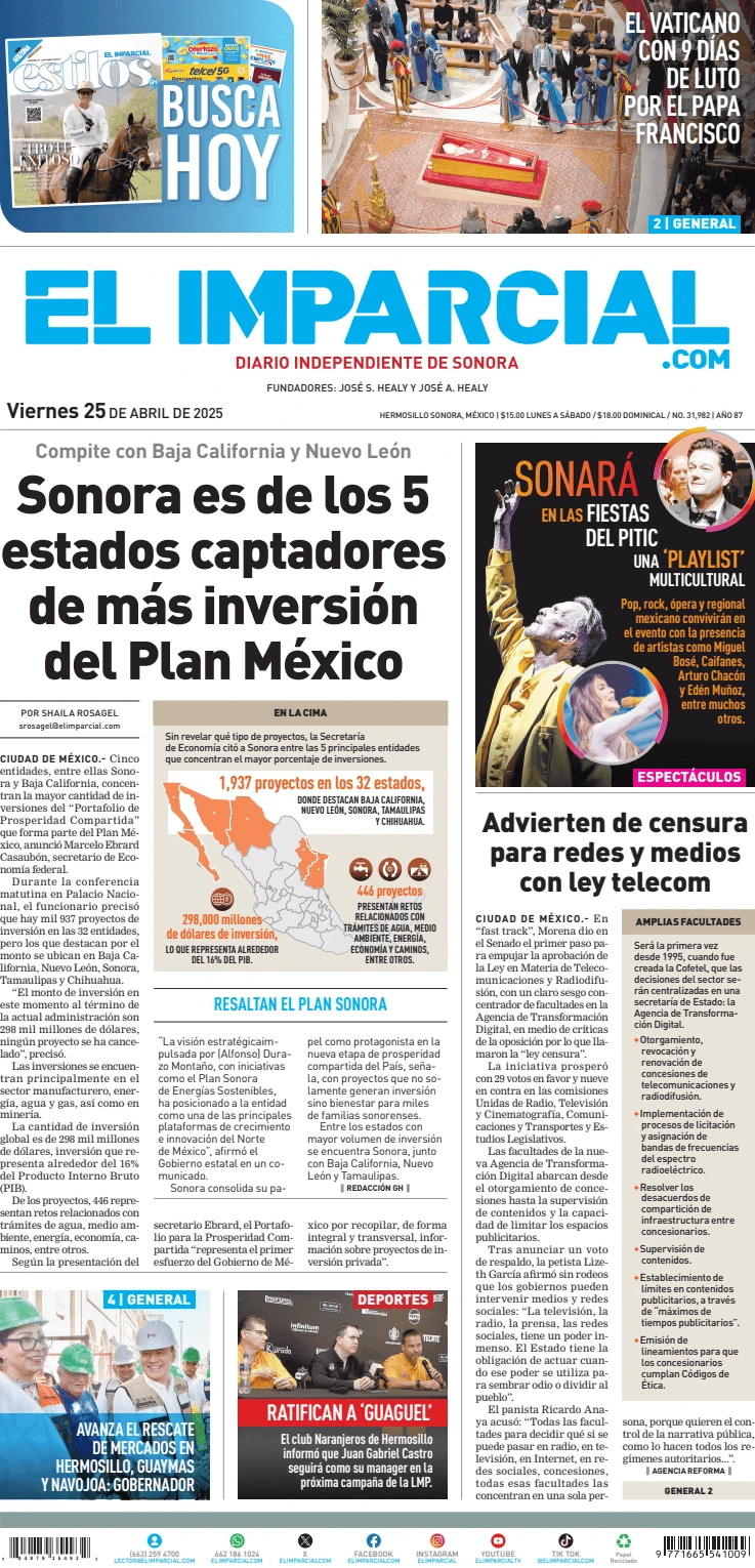 Portada de El Imparcial del viernes, 25 de abril de 2025