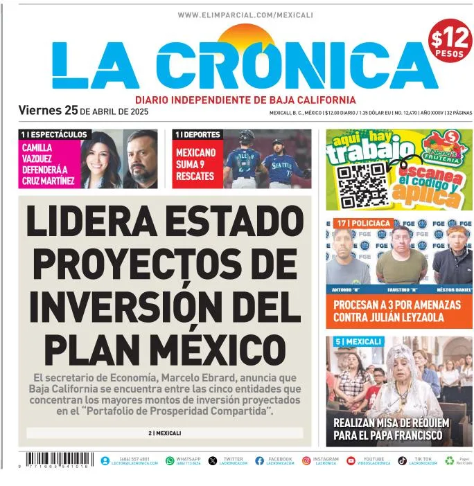 Portada de La Cronica del viernes, 25 de abril de 2025