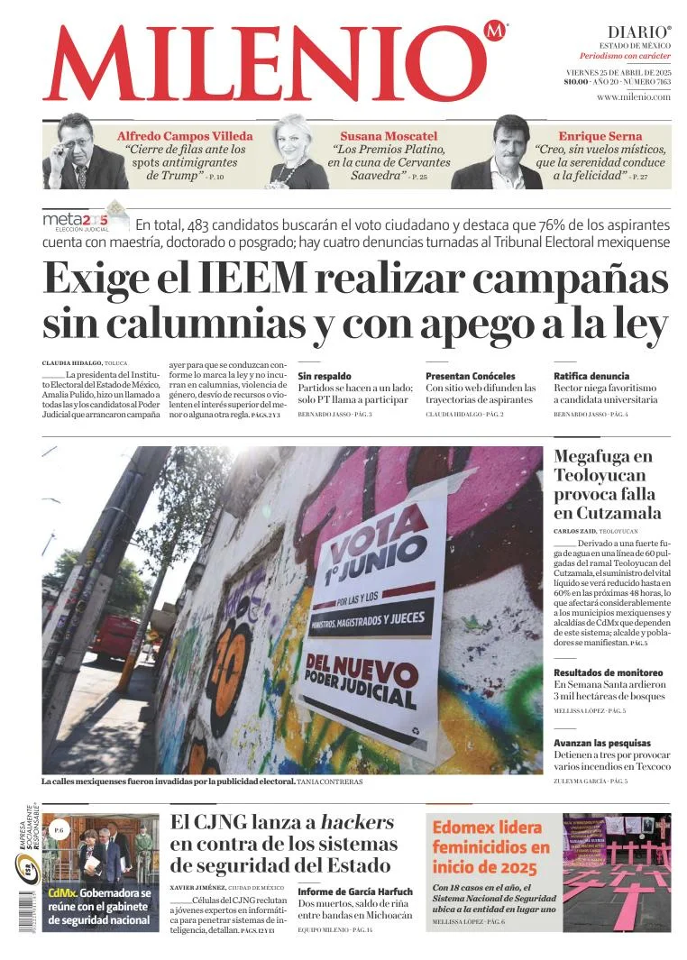 Portada de Milenio Edo de Mexico del viernes, 25 de abril de 2025