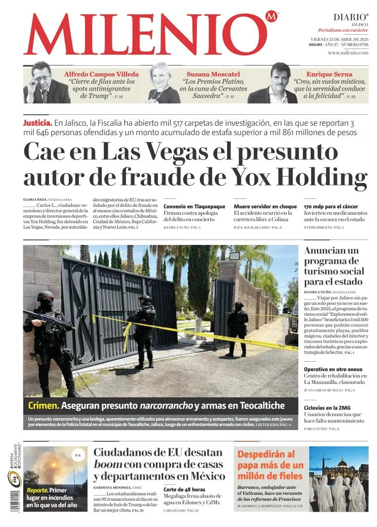 Portada de Milenio Jalisco del viernes, 25 de abril de 2025