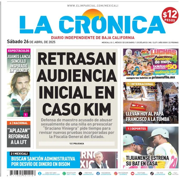 Portada de La Cronica del sábado, 26 de abril de 2025