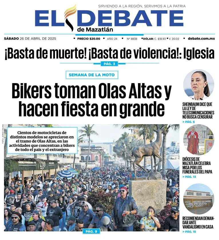 Portada de El Debate de Mazatlan del sábado, 26 de abril de 2025