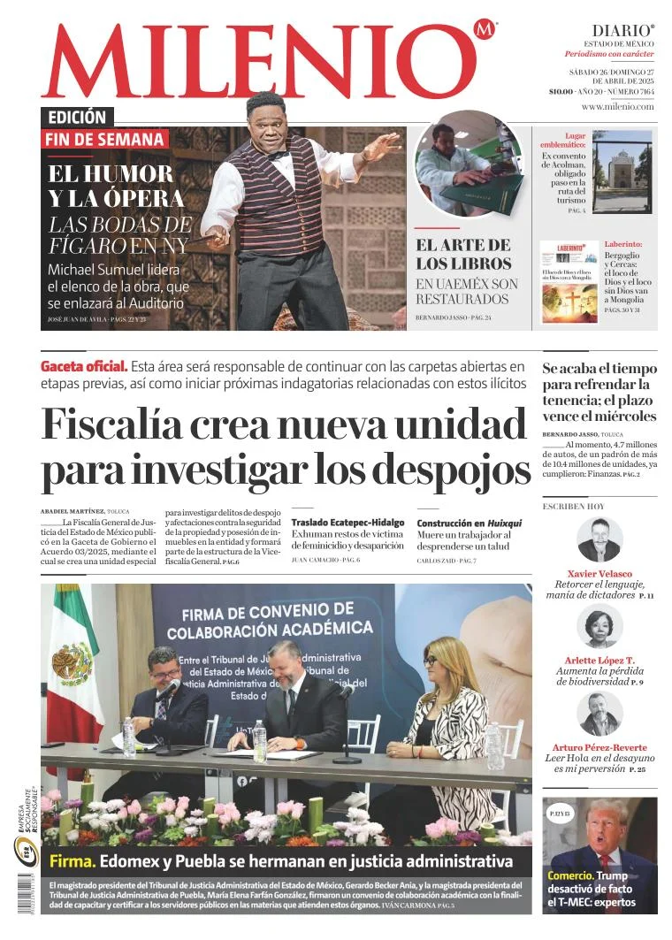 Portada de Milenio Edo de Mexico del sábado, 26 de abril de 2025